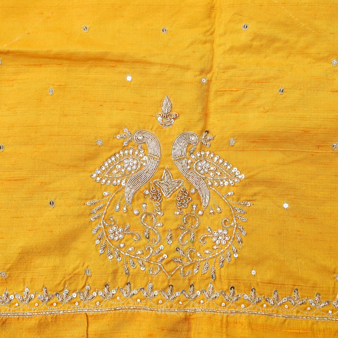Hand Embroidered Raw Silk Blouse Fabric in Mustard Yellow