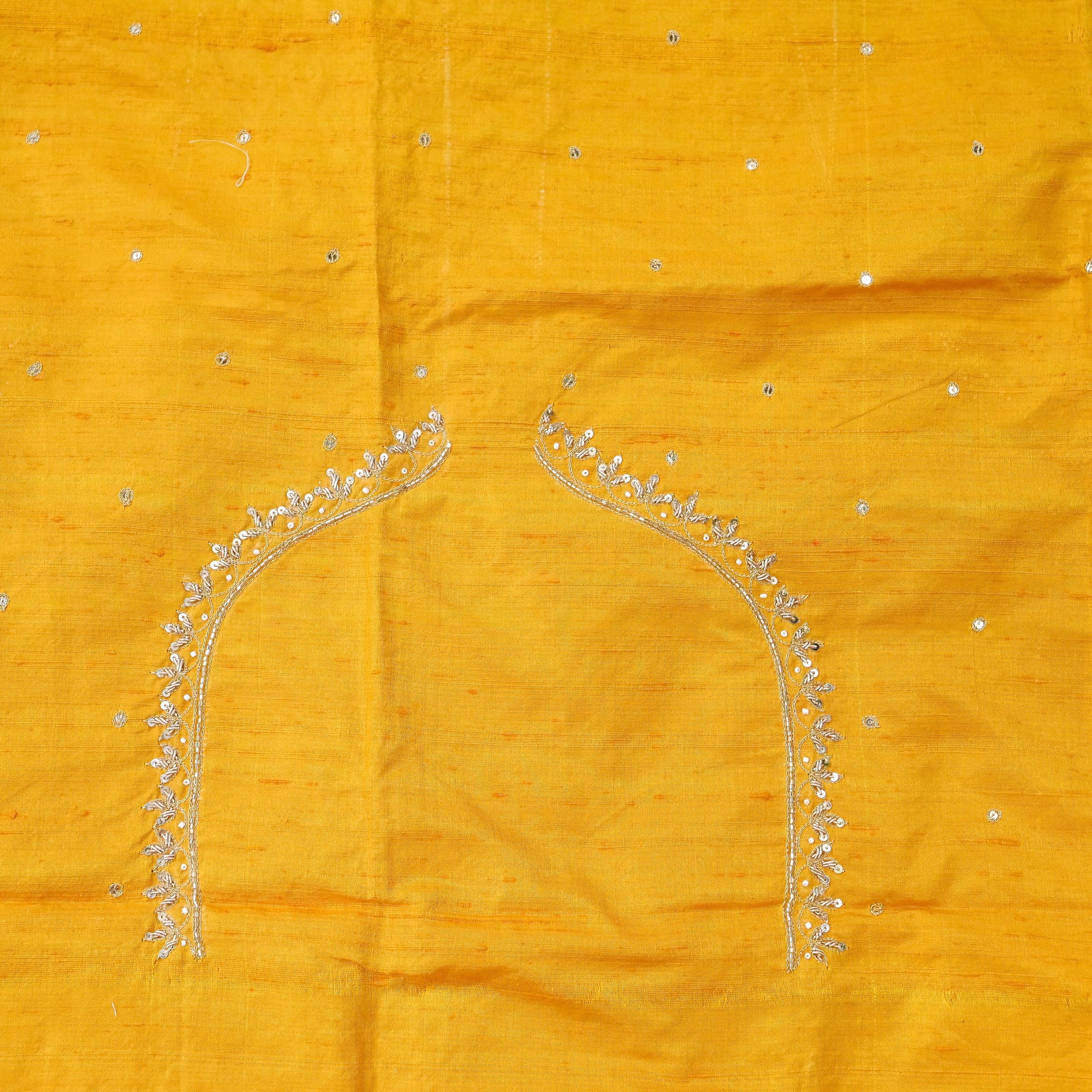 Hand Embroidered Raw Silk Blouse Fabric in Mustard Yellow