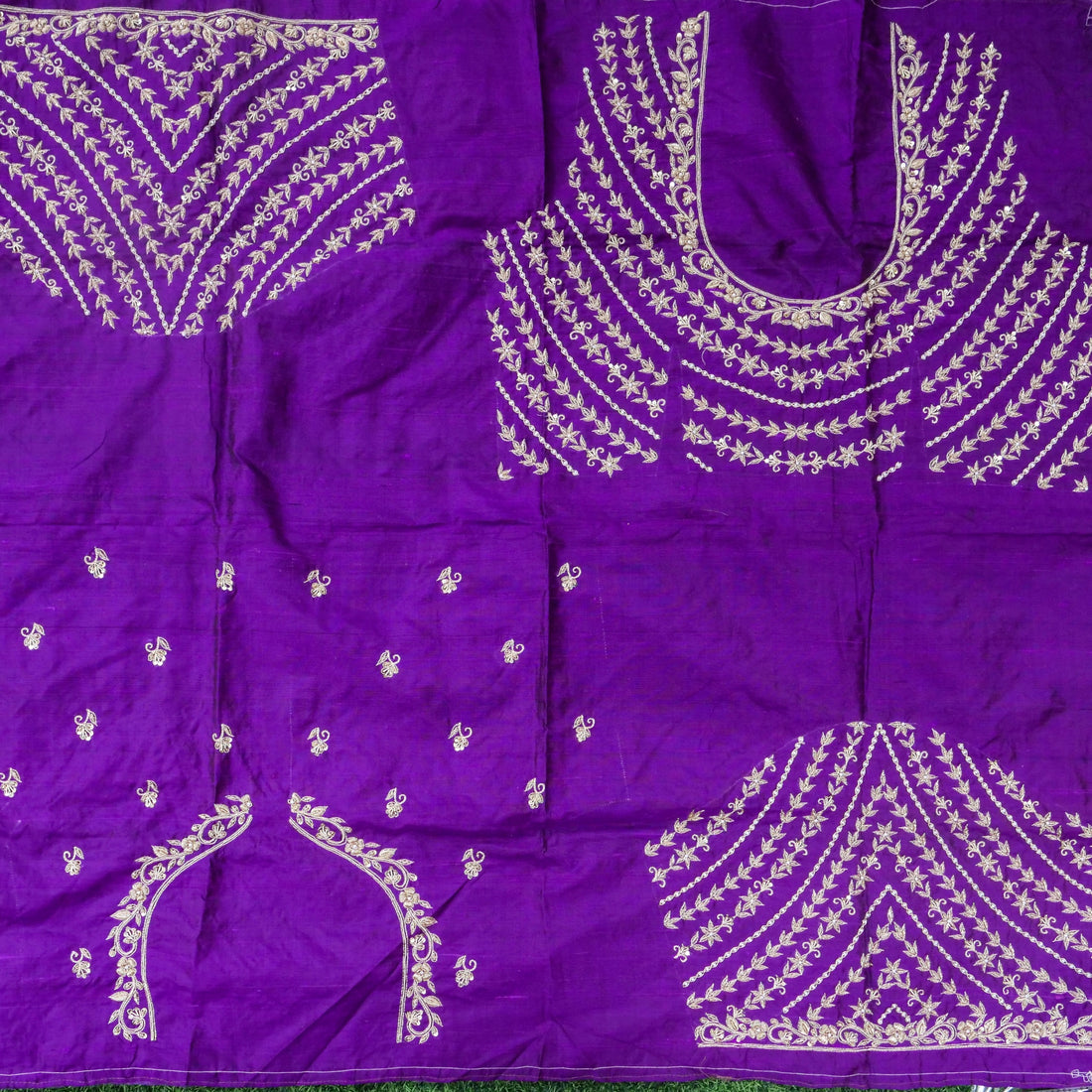 Hand Embroidered Raw Silk Blouse Fabric in Purple
