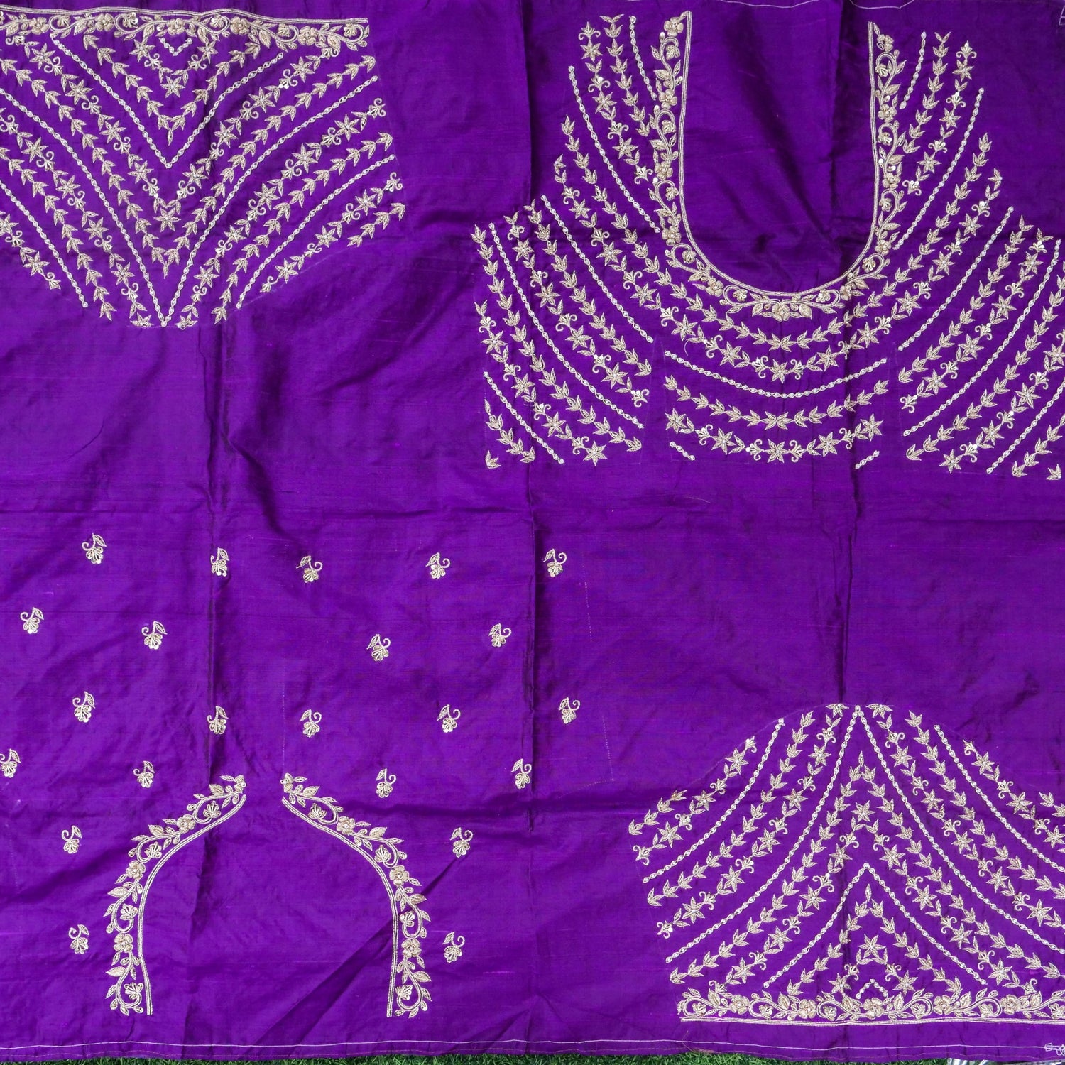 Hand Embroidered Raw Silk Blouse Fabric in Purple