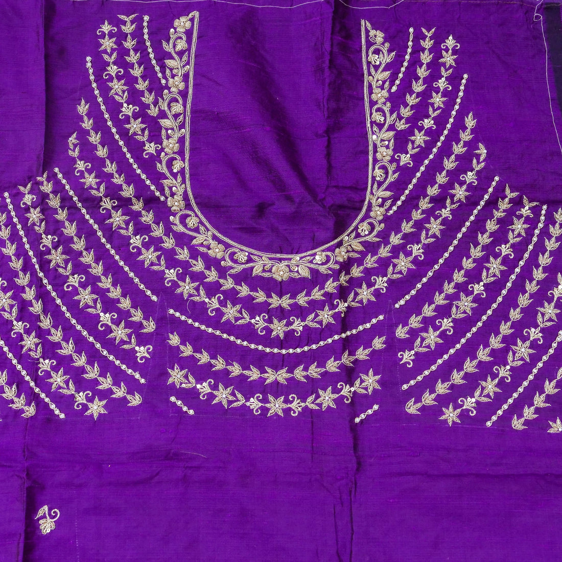 Hand Embroidered Raw Silk Blouse Fabric in Purple