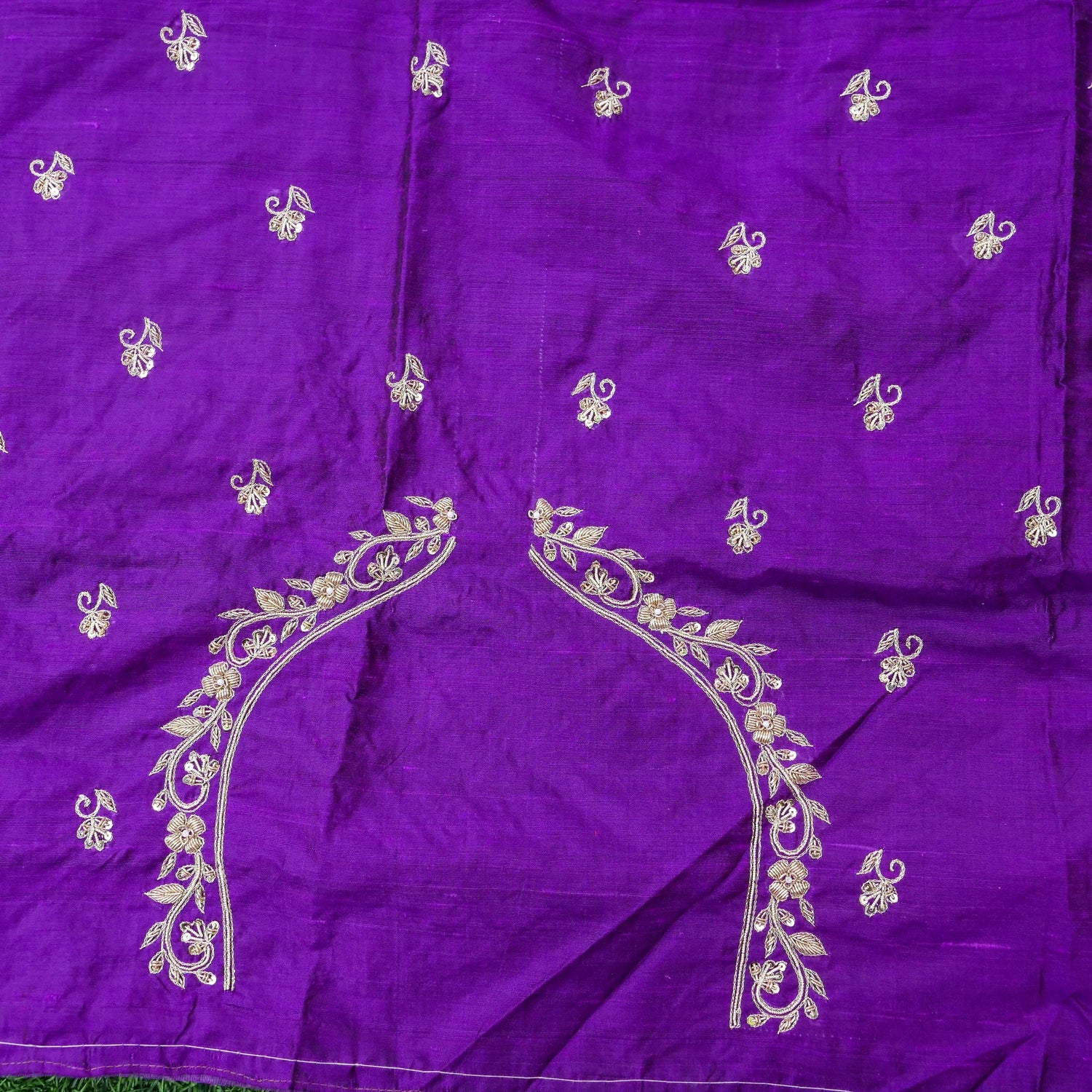 Hand Embroidered Raw Silk Blouse Fabric in Purple