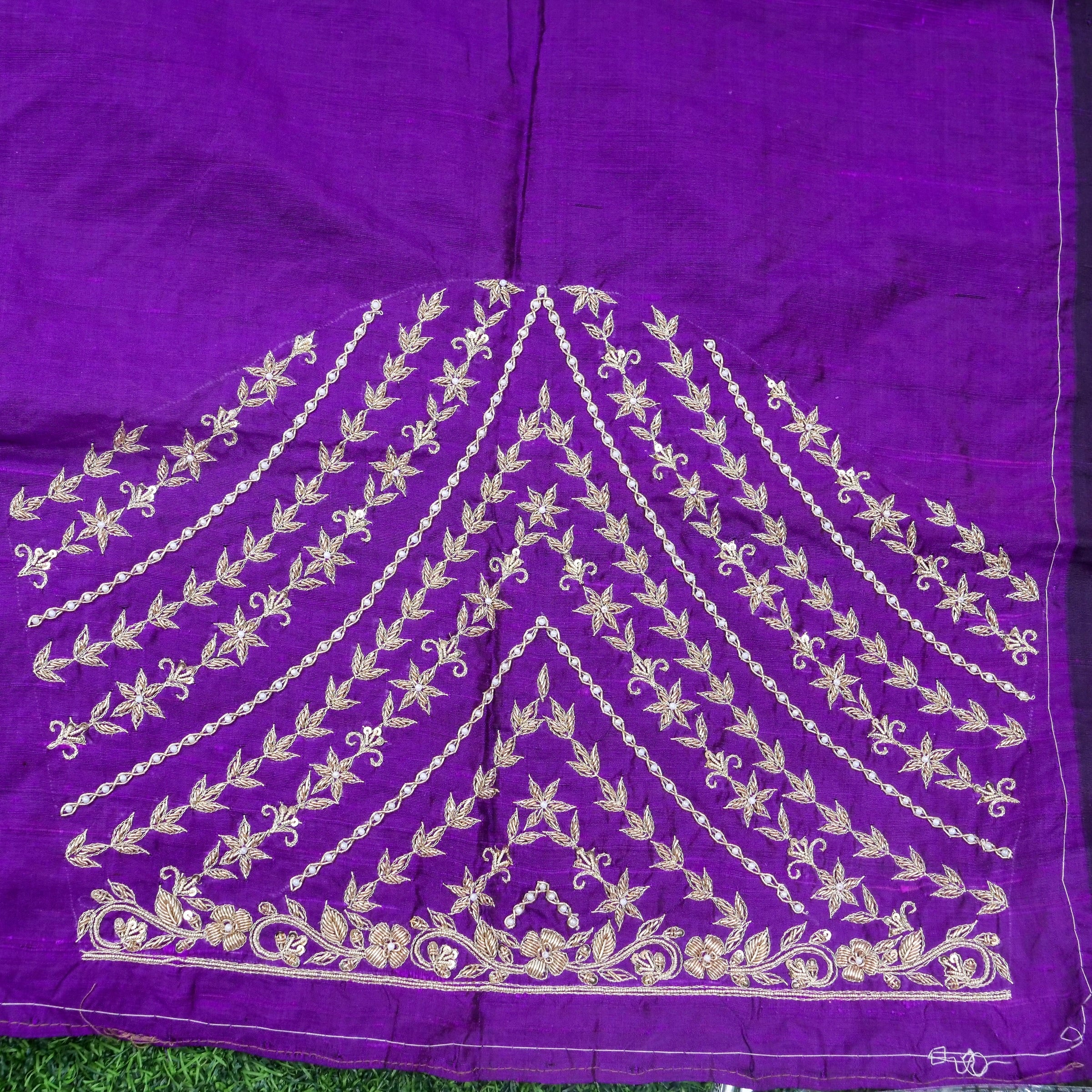 Hand Embroidered Raw Silk Blouse Fabric in Purple