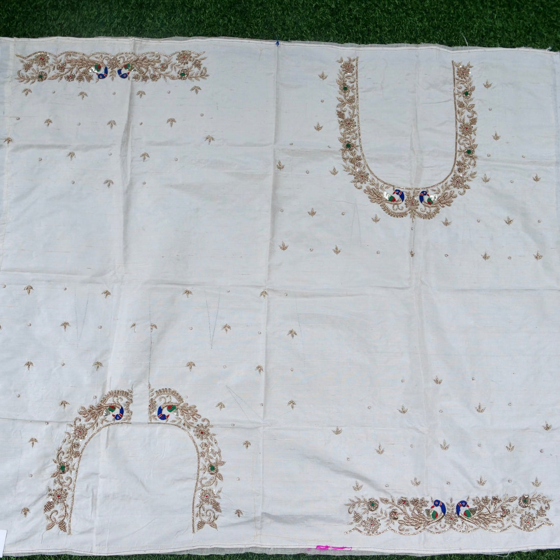 Hand Embroidered Raw Silk Blouse Fabric in White