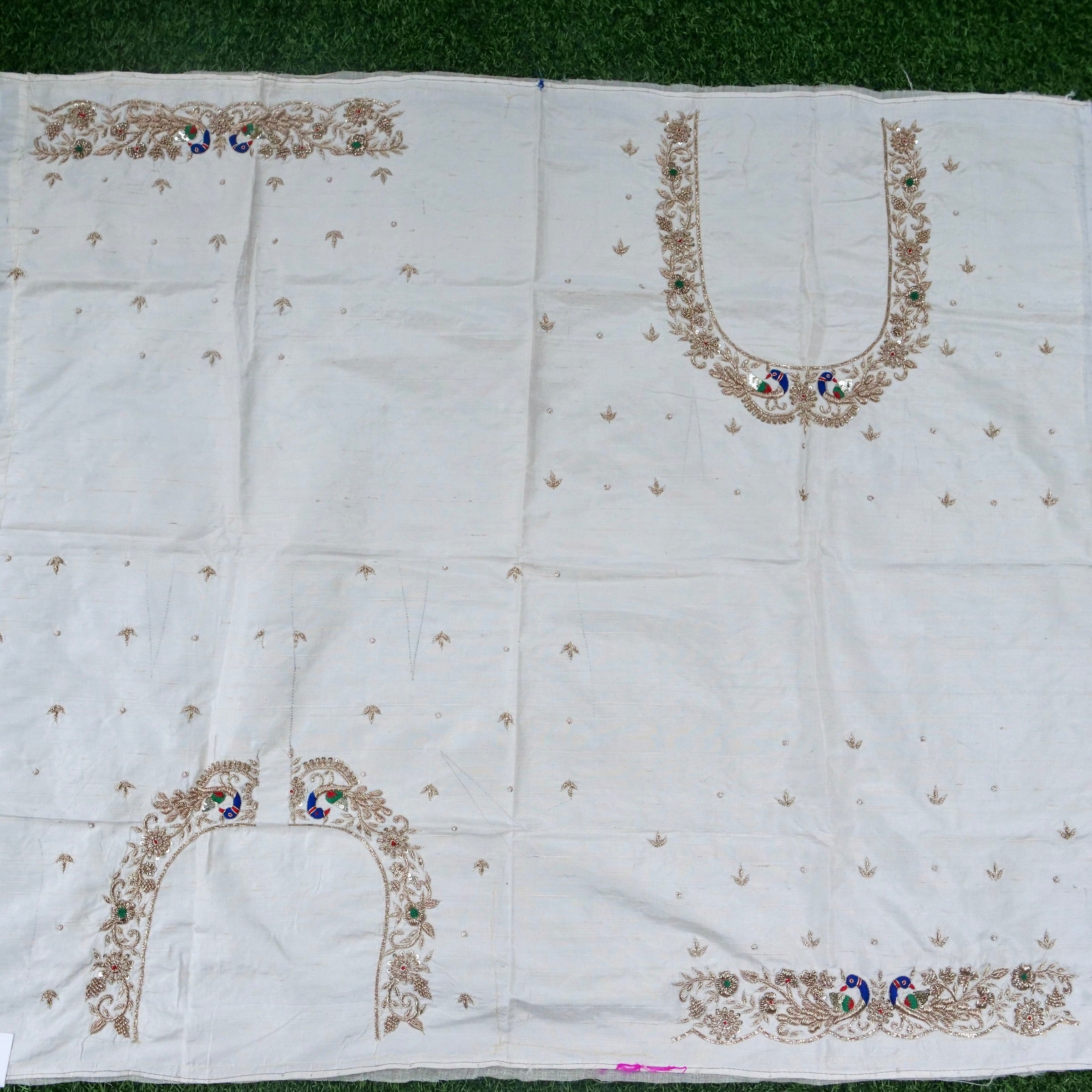 Hand Embroidered Raw Silk Blouse Fabric in White