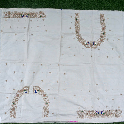 Hand Embroidered Raw Silk Blouse Fabric in White