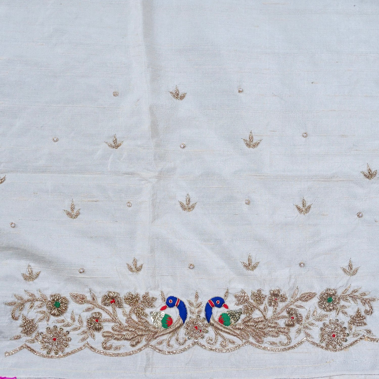 Hand Embroidered Raw Silk Blouse Fabric in White