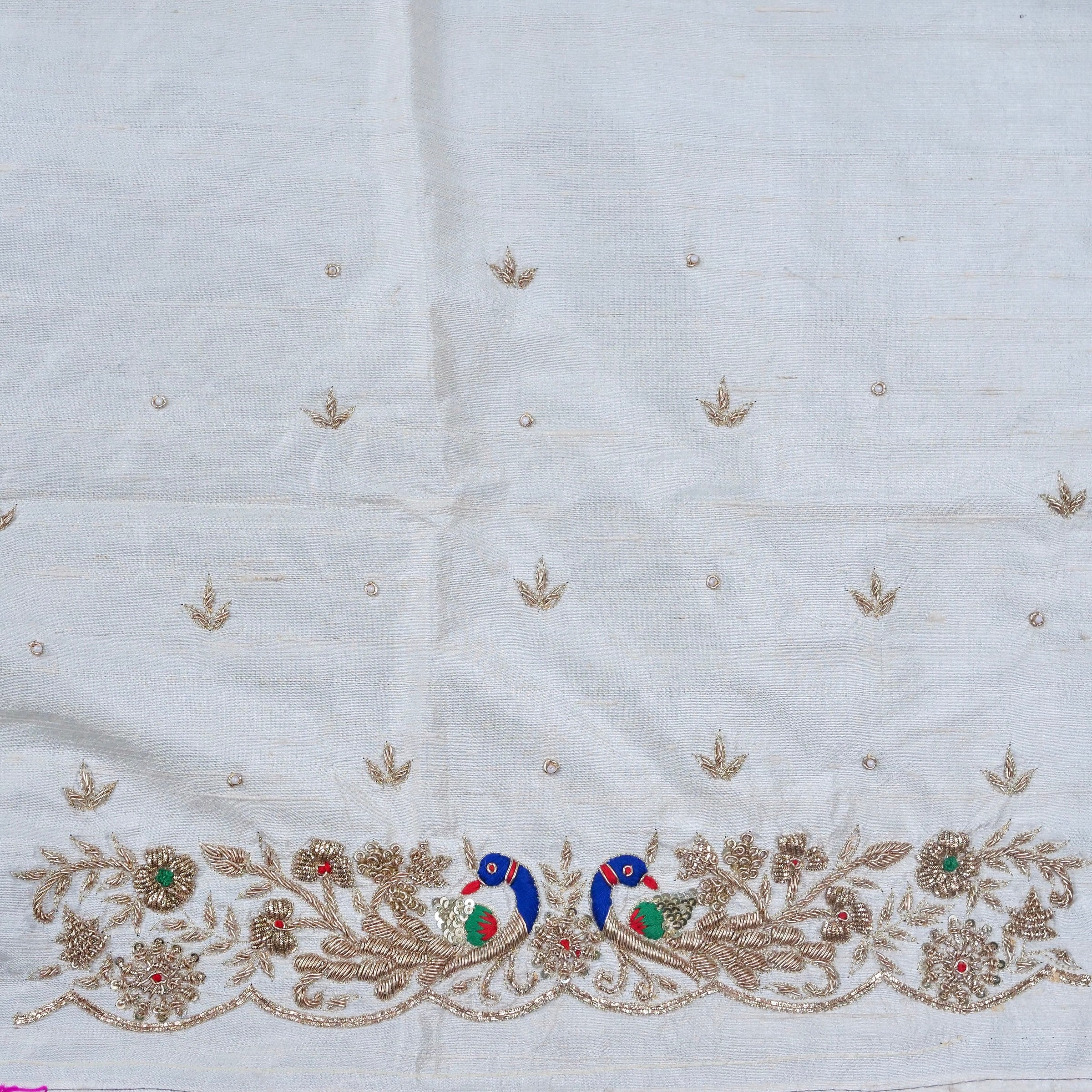 Hand Embroidered Raw Silk Blouse Fabric in White