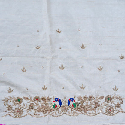 Hand Embroidered Raw Silk Blouse Fabric in White