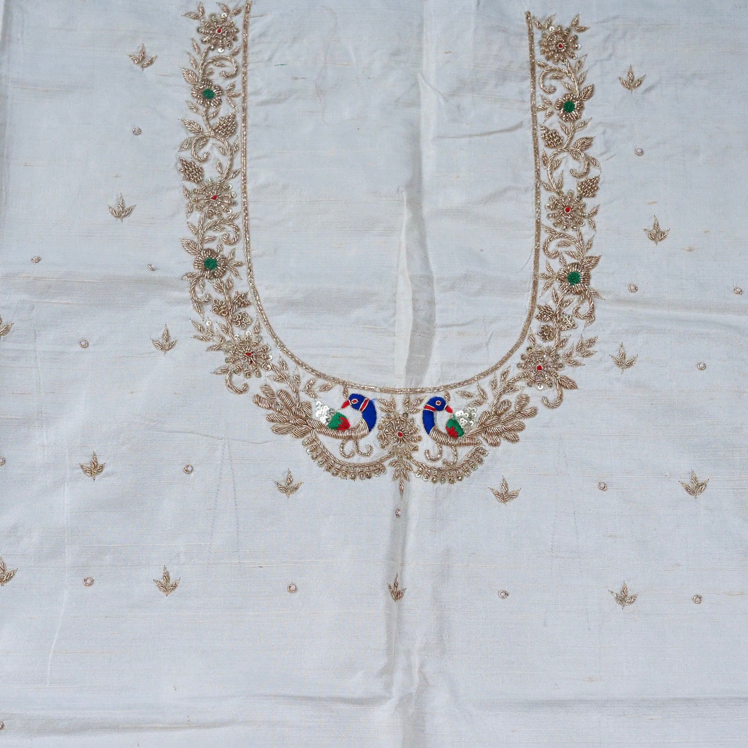 Hand Embroidered Raw Silk Blouse Fabric in White