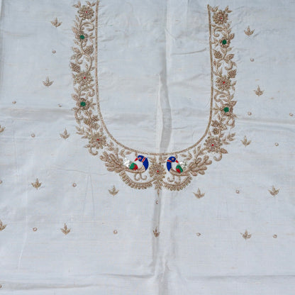 Hand Embroidered Raw Silk Blouse Fabric in White