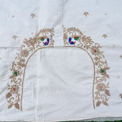 Hand Embroidered Raw Silk Blouse Fabric in White