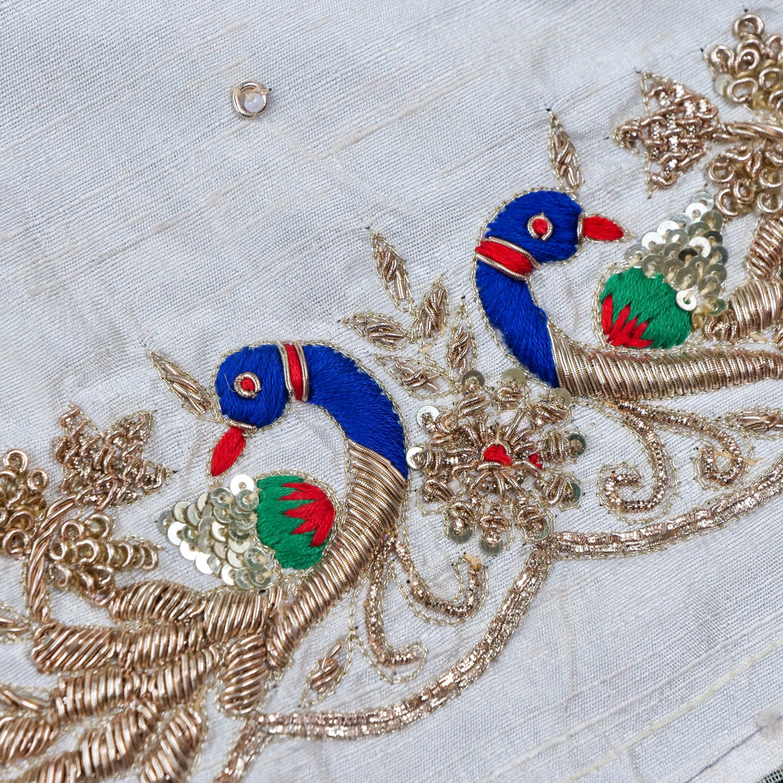 Hand Embroidered Raw Silk Blouse Fabric in White