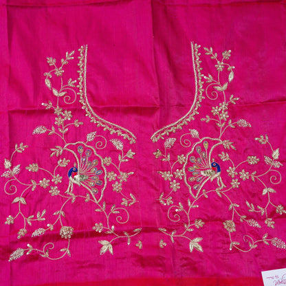 Hand Embroidered Raw Silk Blouse Fabric in Rani Pink
