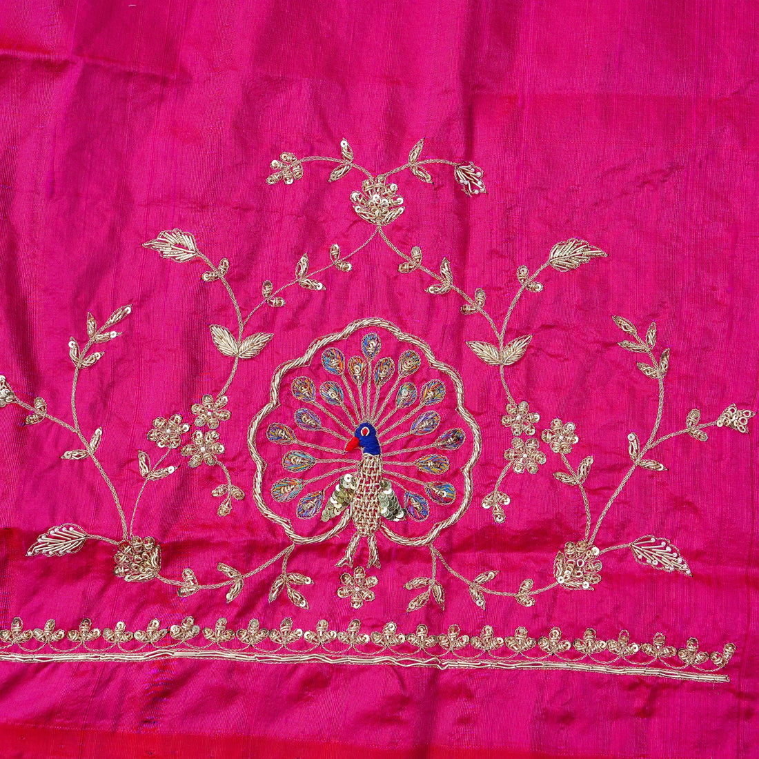 Hand Embroidered Raw Silk Blouse Fabric in Rani Pink