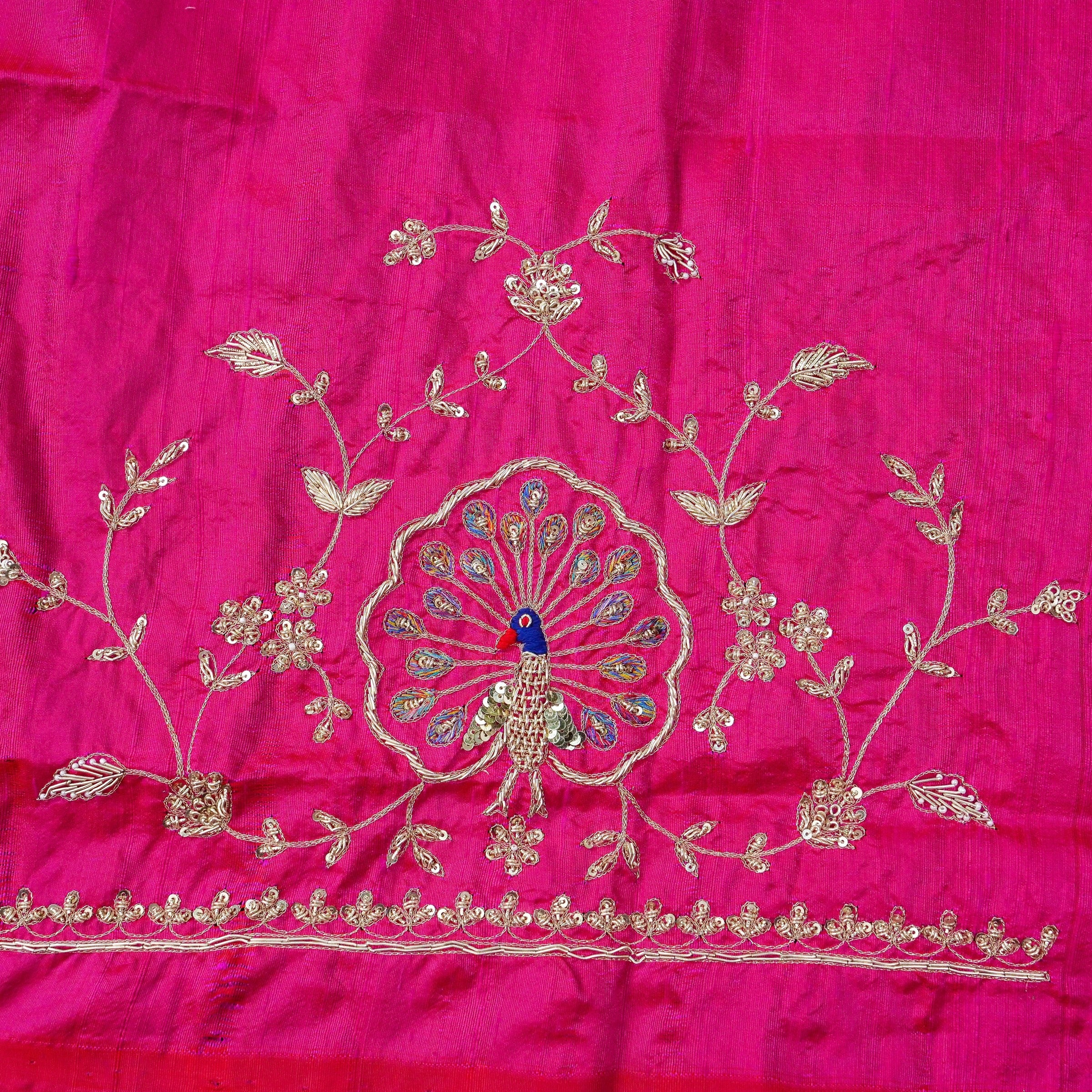 Hand Embroidered Raw Silk Blouse Fabric in Rani Pink