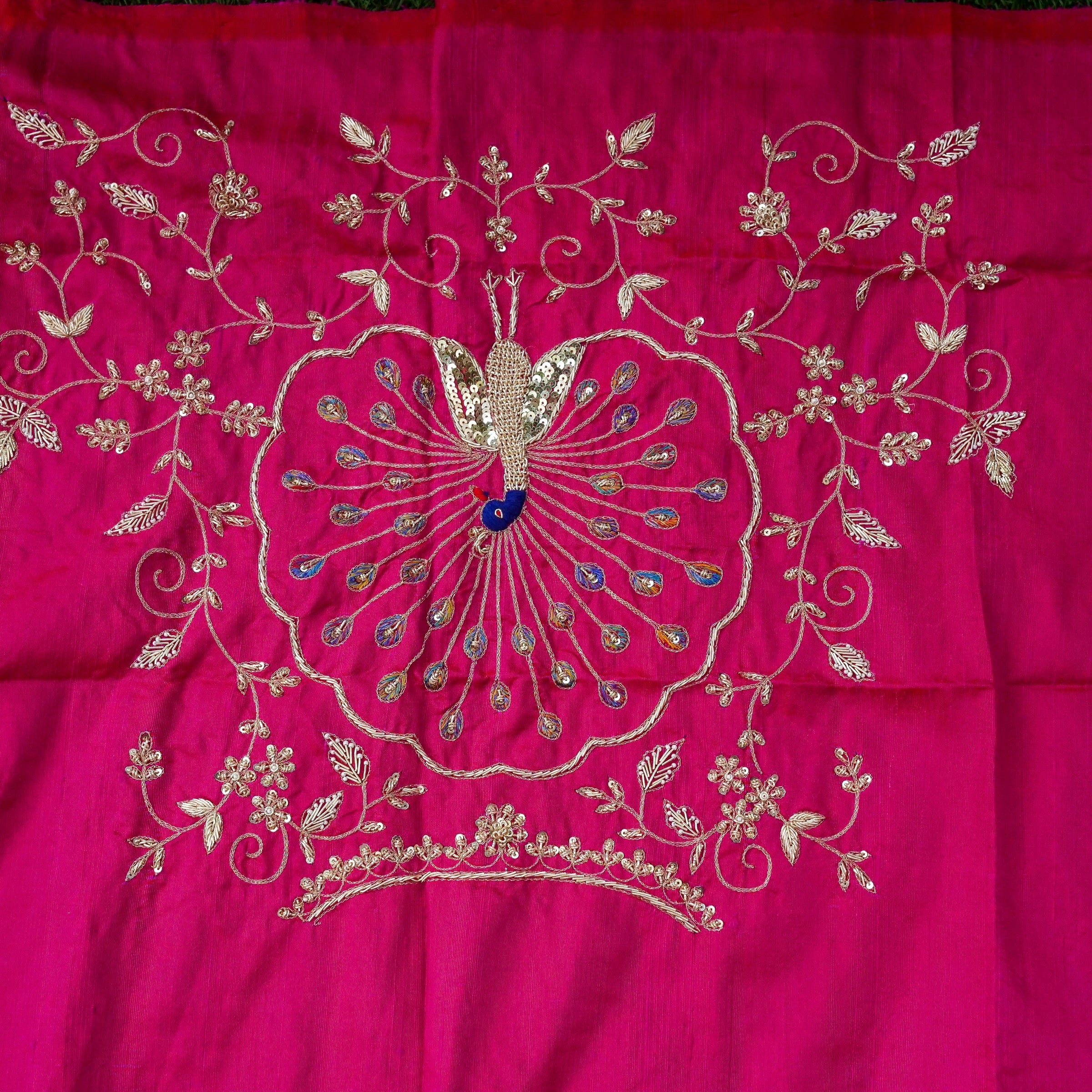 Hand Embroidered Raw Silk Blouse Fabric in Rani Pink