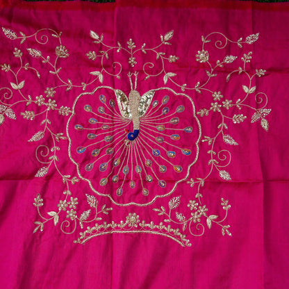Hand Embroidered Raw Silk Blouse Fabric in Rani Pink