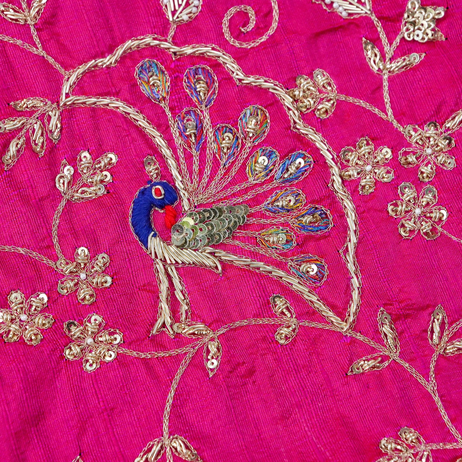 Hand Embroidered Raw Silk Blouse Fabric in Rani Pink