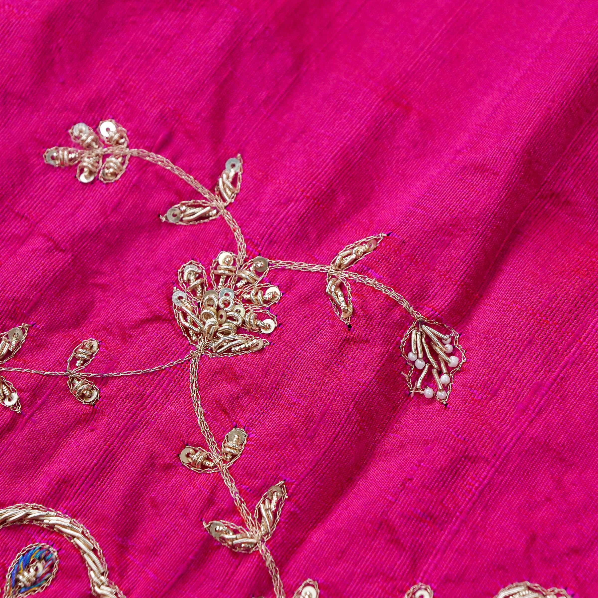 Hand Embroidered Raw Silk Blouse Fabric in Rani Pink