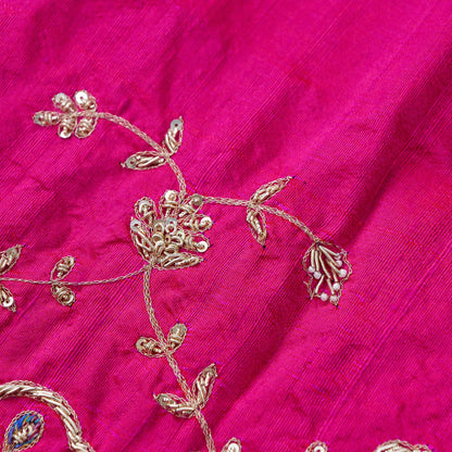 Hand Embroidered Raw Silk Blouse Fabric in Rani Pink