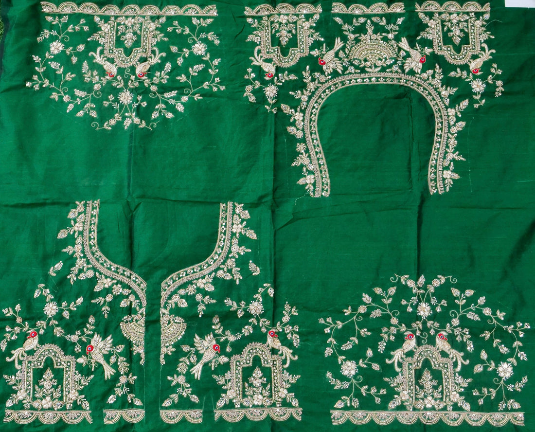 Hand Embroidered Raw Silk Blouse Fabric in Bottle Green