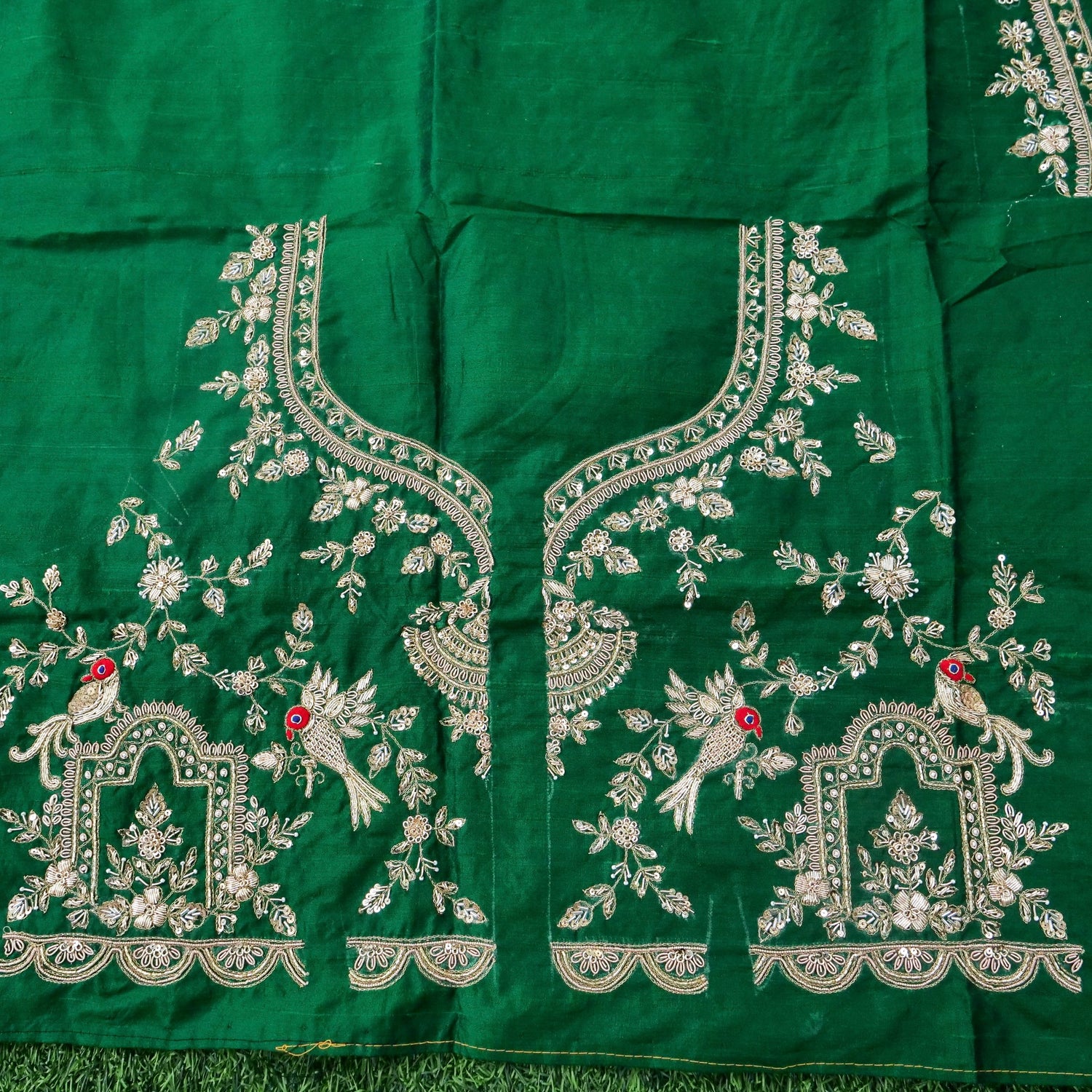 Hand Embroidered Raw Silk Blouse Fabric in Bottle Green