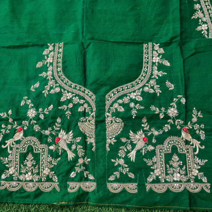 Hand Embroidered Raw Silk Blouse Fabric in Bottle Green