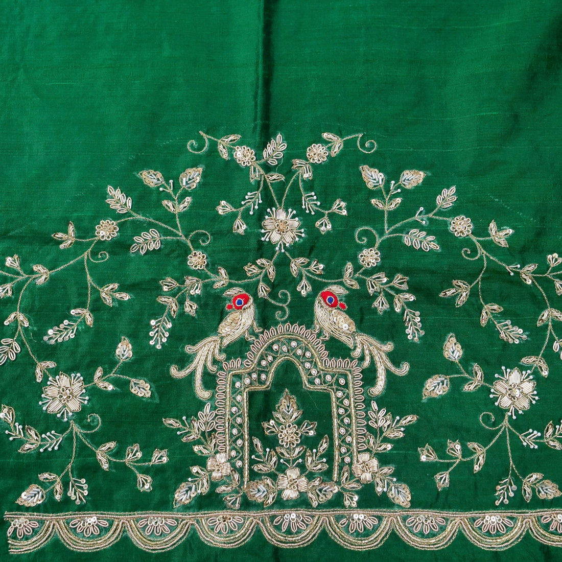 Hand Embroidered Raw Silk Blouse Fabric in Bottle Green