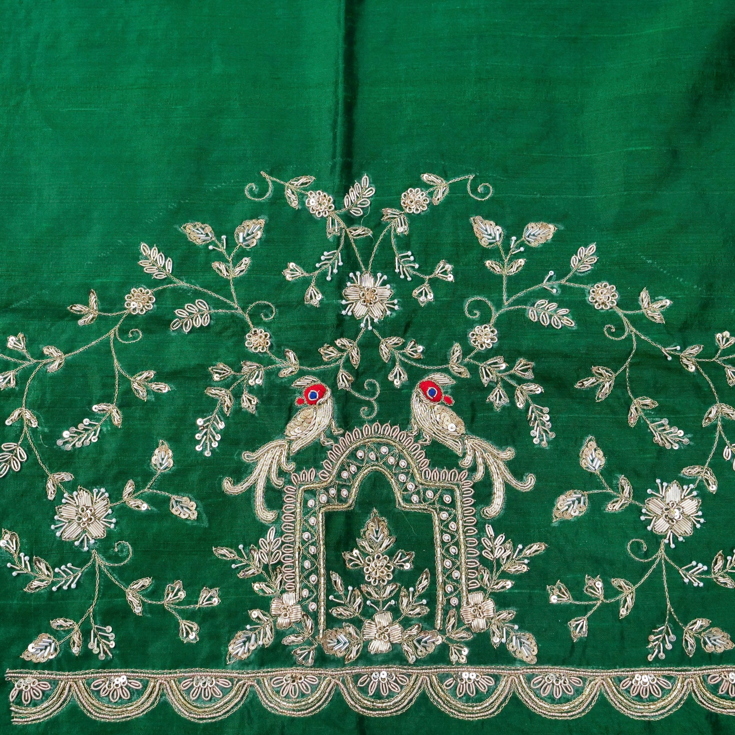 Hand Embroidered Raw Silk Blouse Fabric in Bottle Green