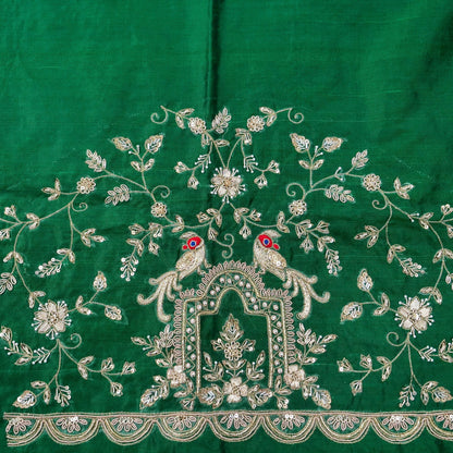 Hand Embroidered Raw Silk Blouse Fabric in Bottle Green