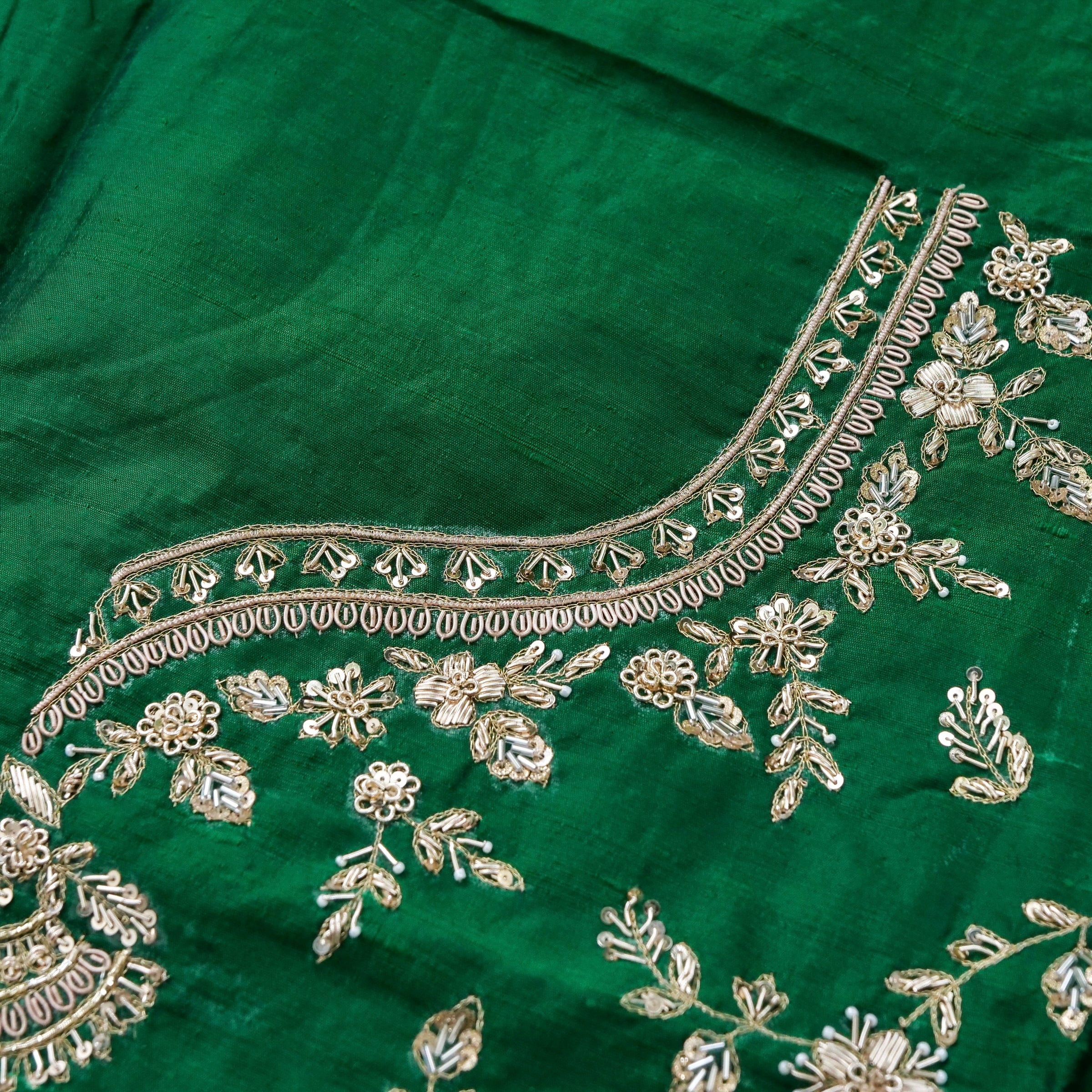Hand Embroidered Raw Silk Blouse Fabric in Bottle Green