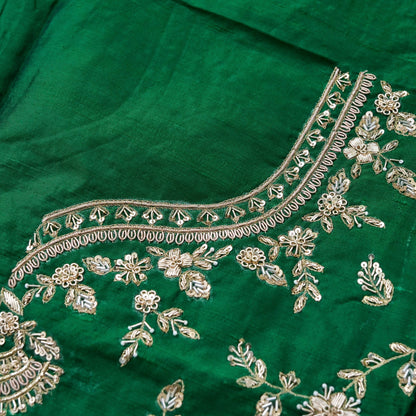Hand Embroidered Raw Silk Blouse Fabric in Bottle Green