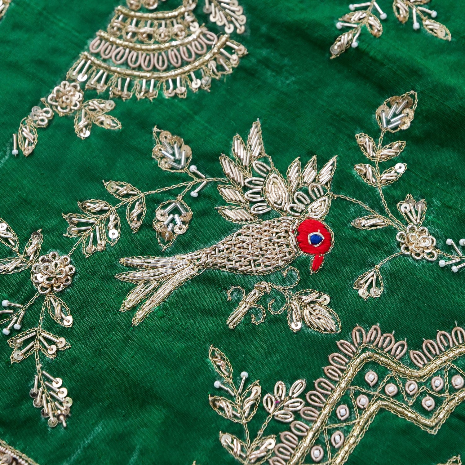 Hand Embroidered Raw Silk Blouse Fabric in Bottle Green