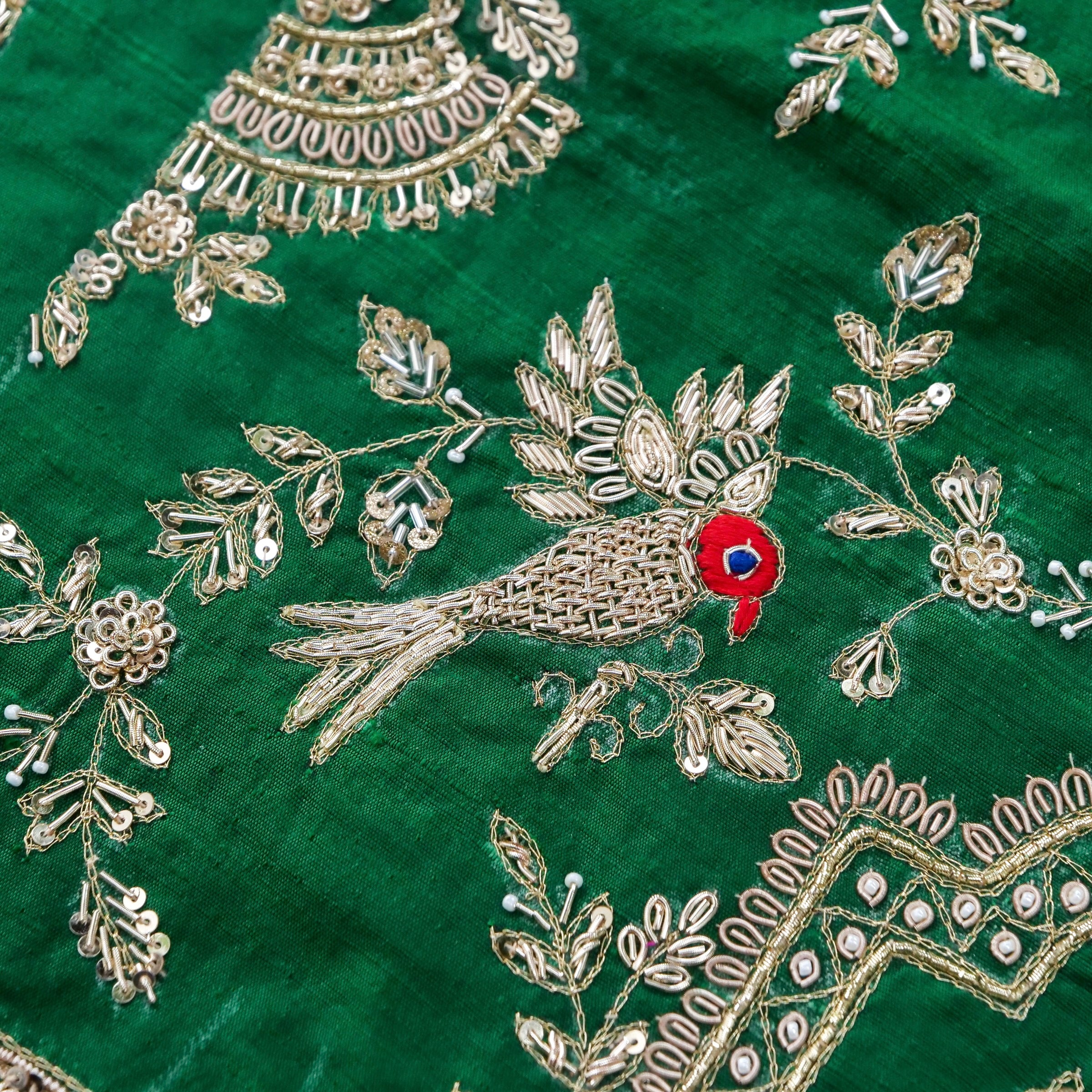 Hand Embroidered Raw Silk Blouse Fabric in Bottle Green