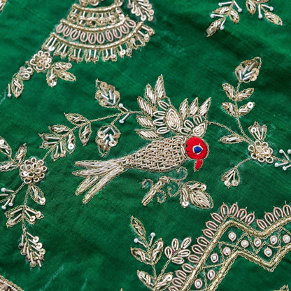 Hand Embroidered Raw Silk Blouse Fabric in Bottle Green