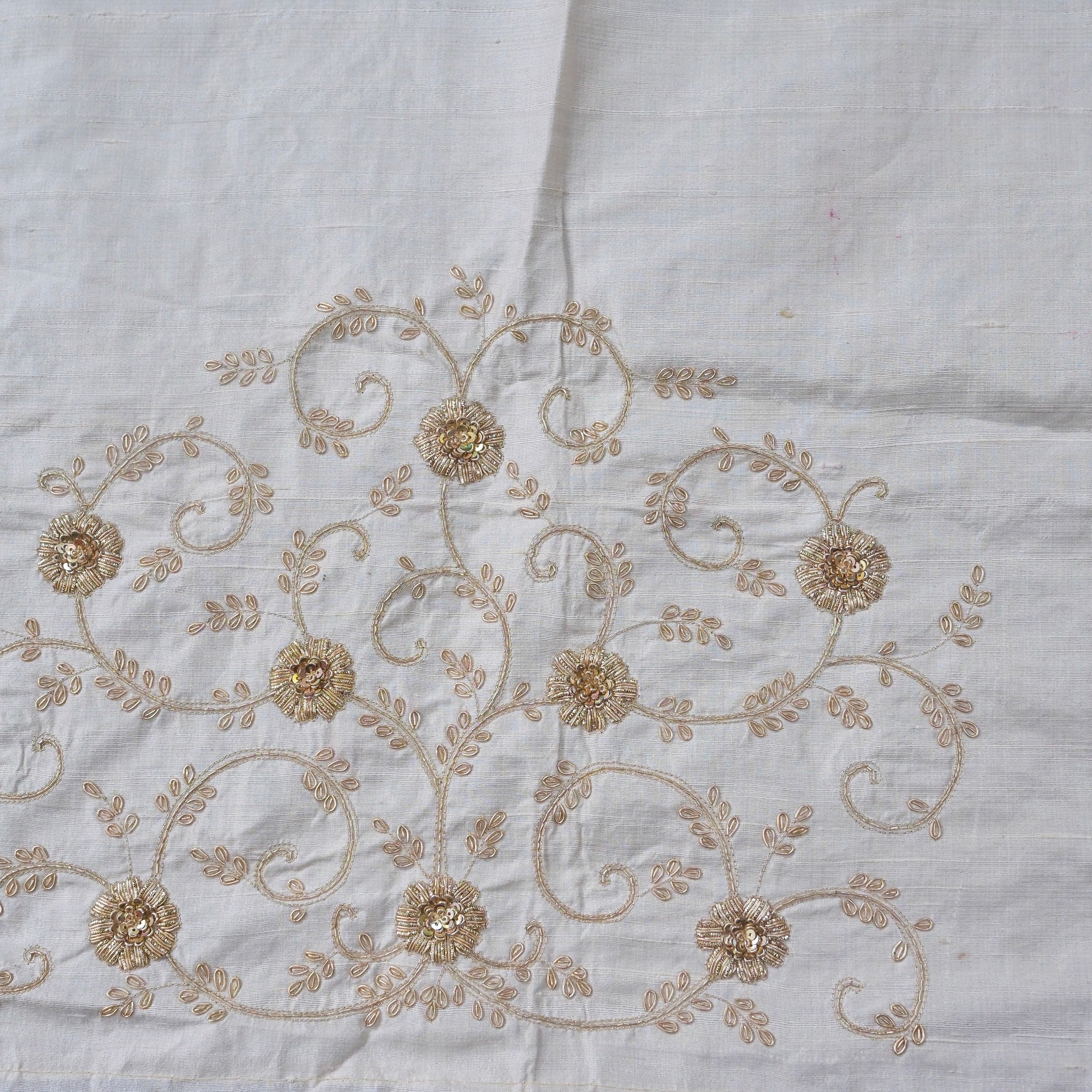 Hand Embroidered Raw Silk Blouse Fabric in Ivory