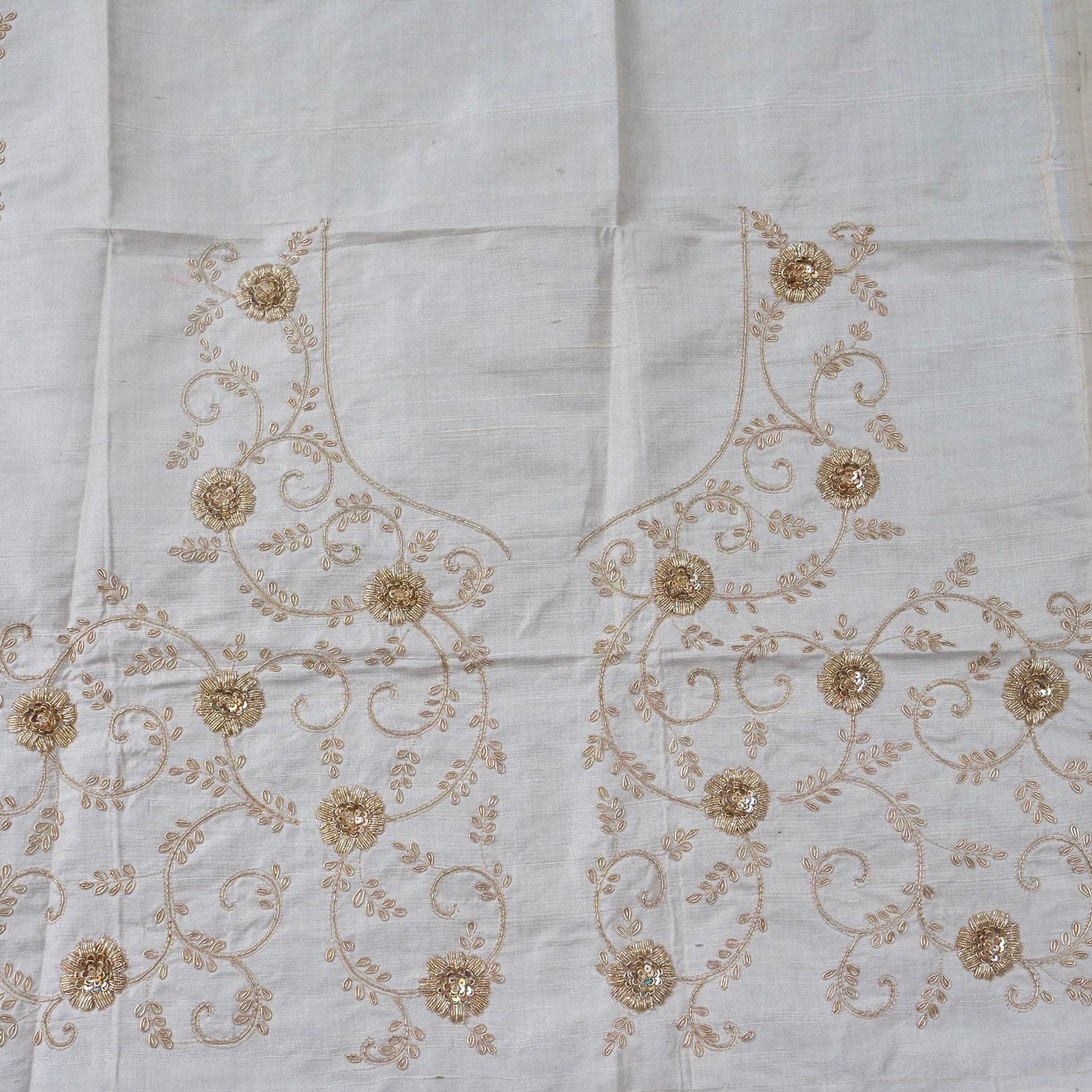 Hand Embroidered Raw Silk Blouse Fabric in Ivory
