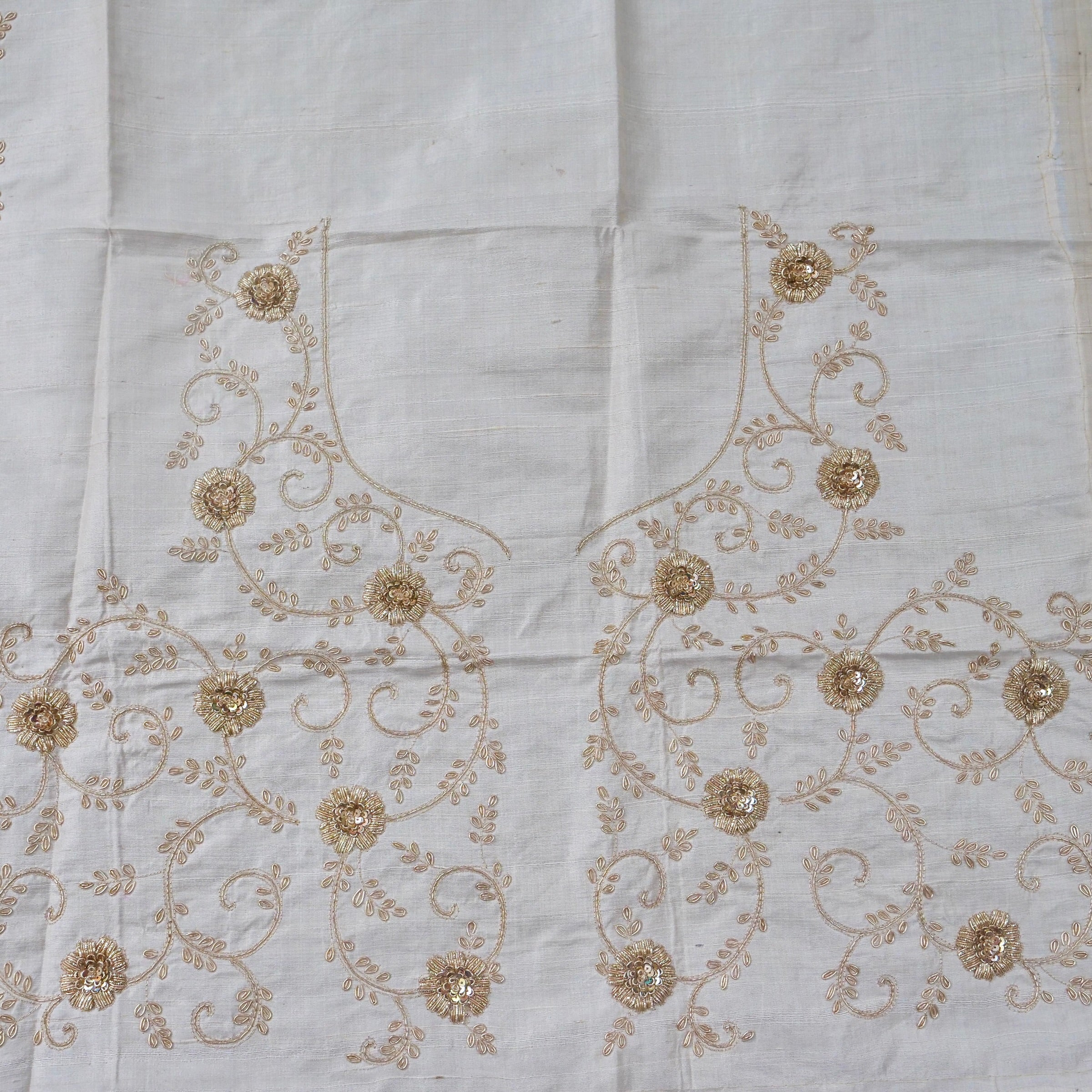Hand Embroidered Raw Silk Blouse Fabric in Ivory
