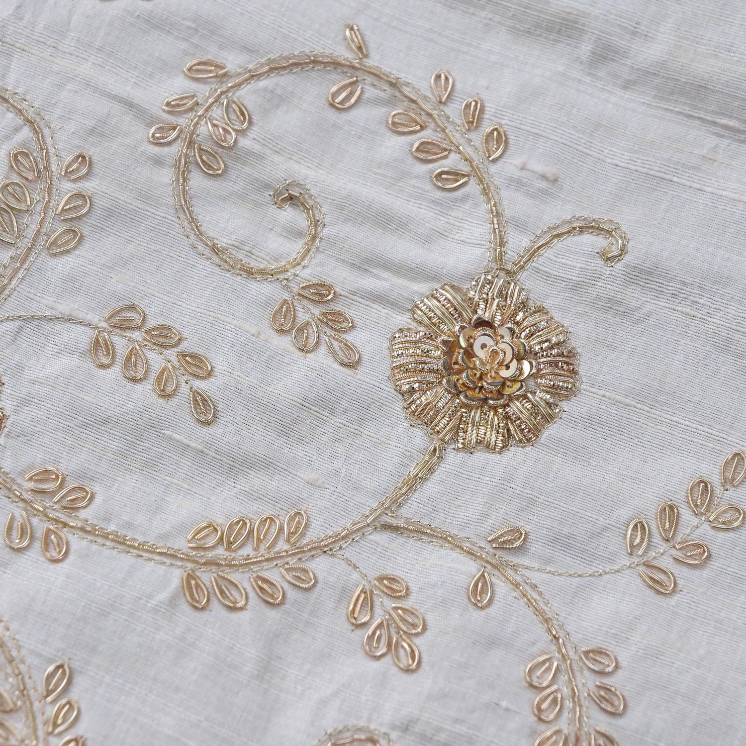Hand Embroidered Raw Silk Blouse Fabric in Ivory