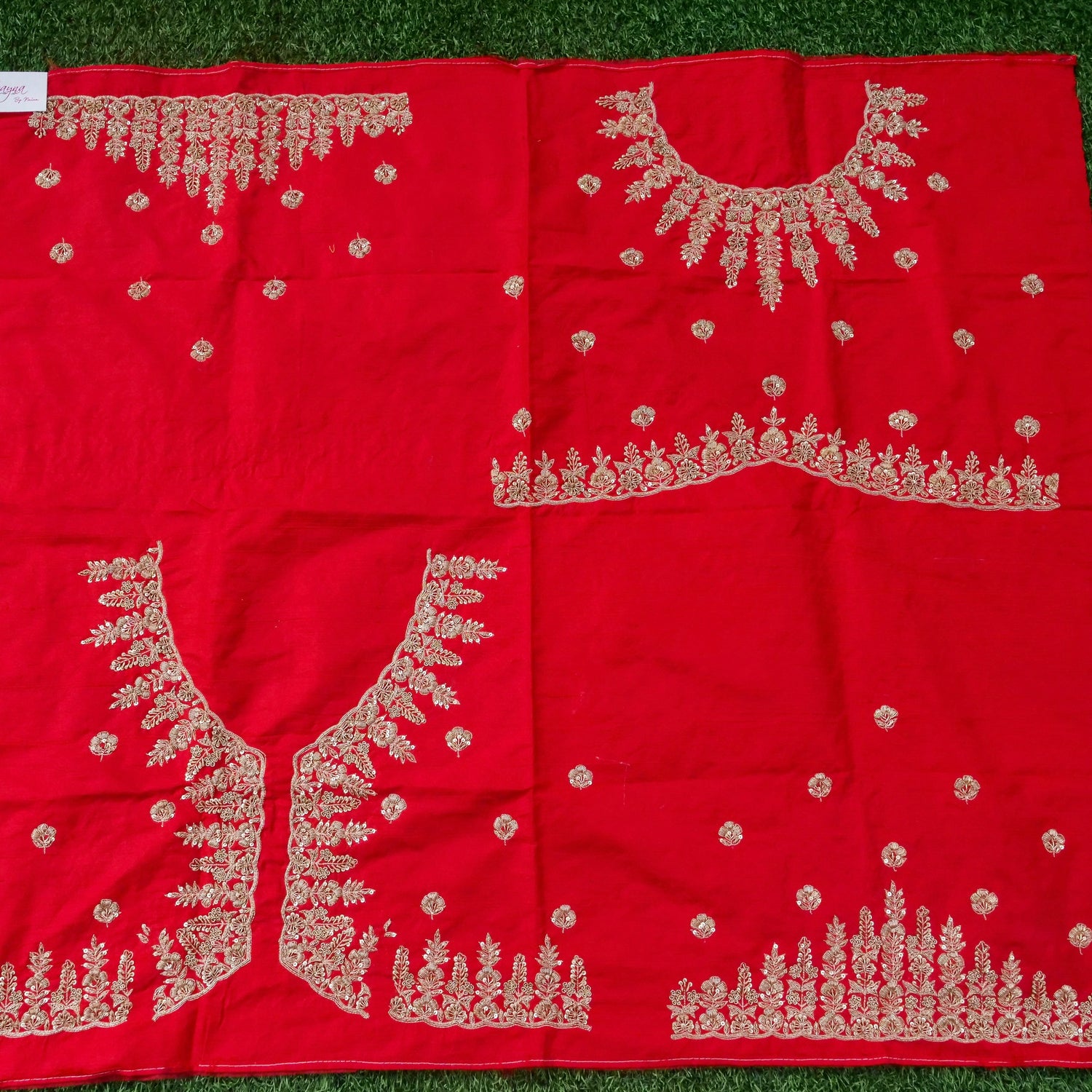 Hand Embroidered Raw Silk Blouse Fabric in Red