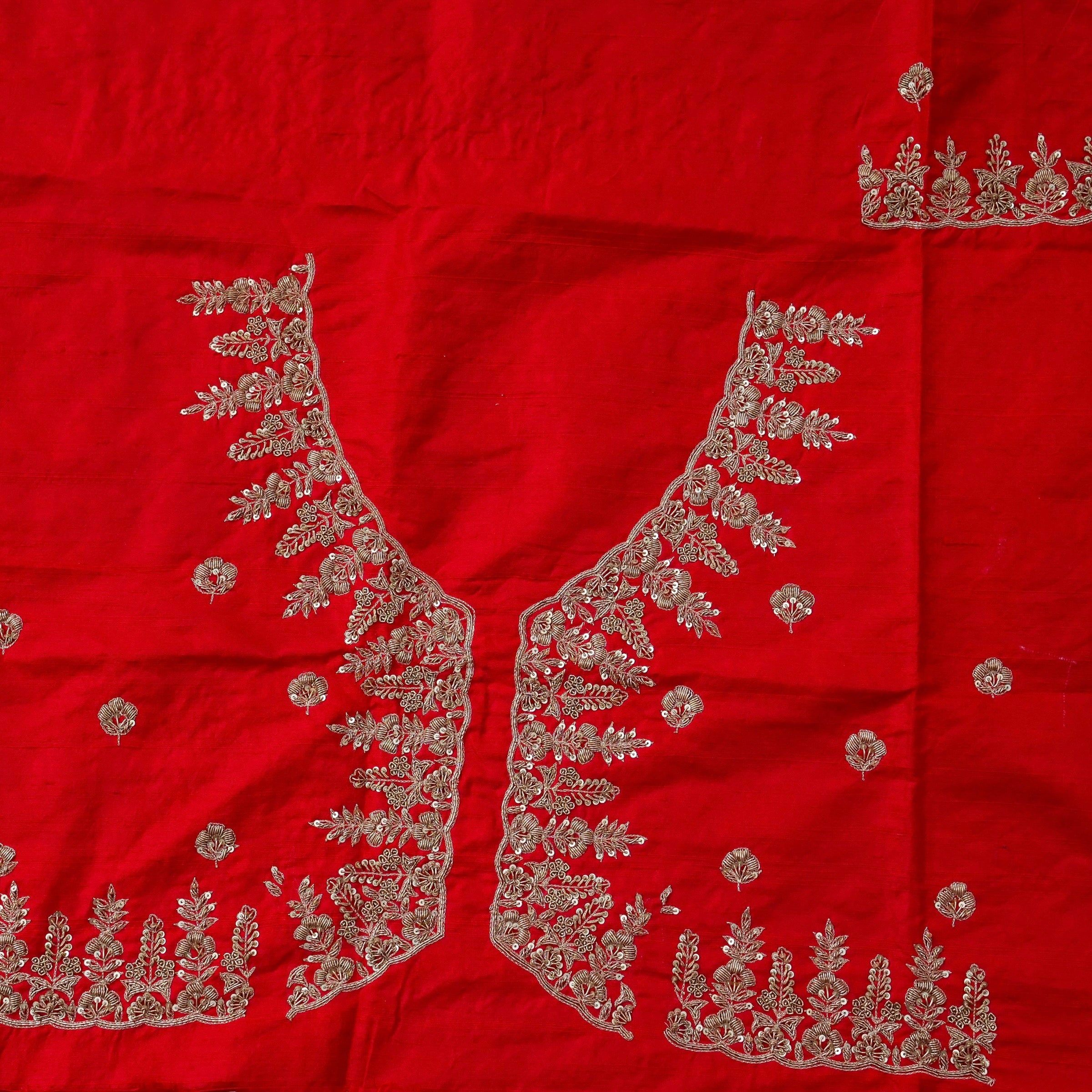 Hand Embroidered Raw Silk Blouse Fabric in Red