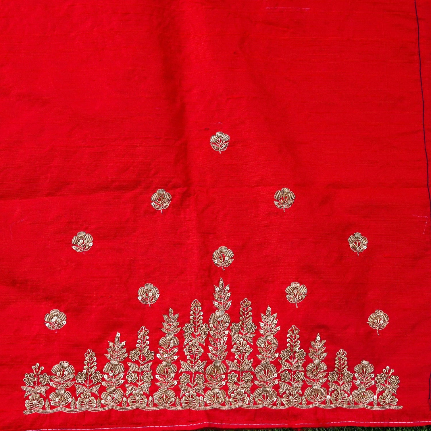 Hand Embroidered Raw Silk Blouse Fabric in Red