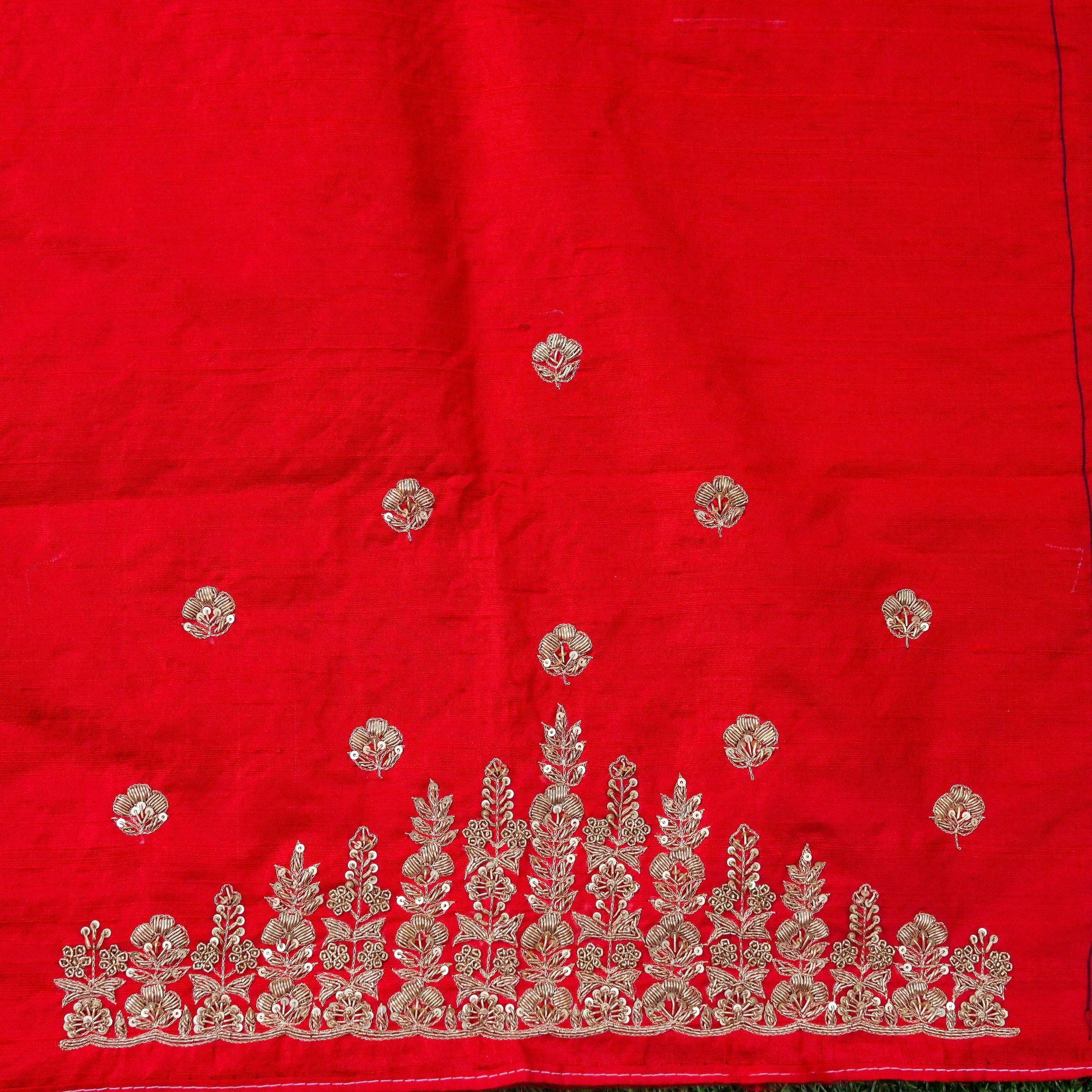 Hand Embroidered Raw Silk Blouse Fabric in Red
