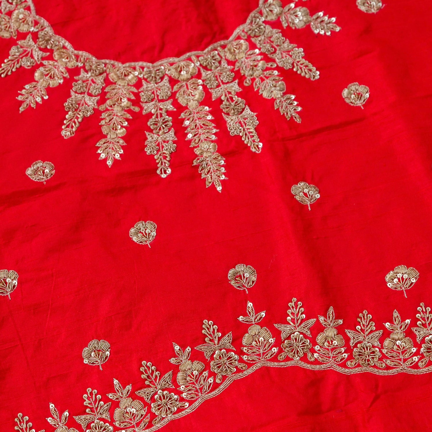 Hand Embroidered Raw Silk Blouse Fabric in Red