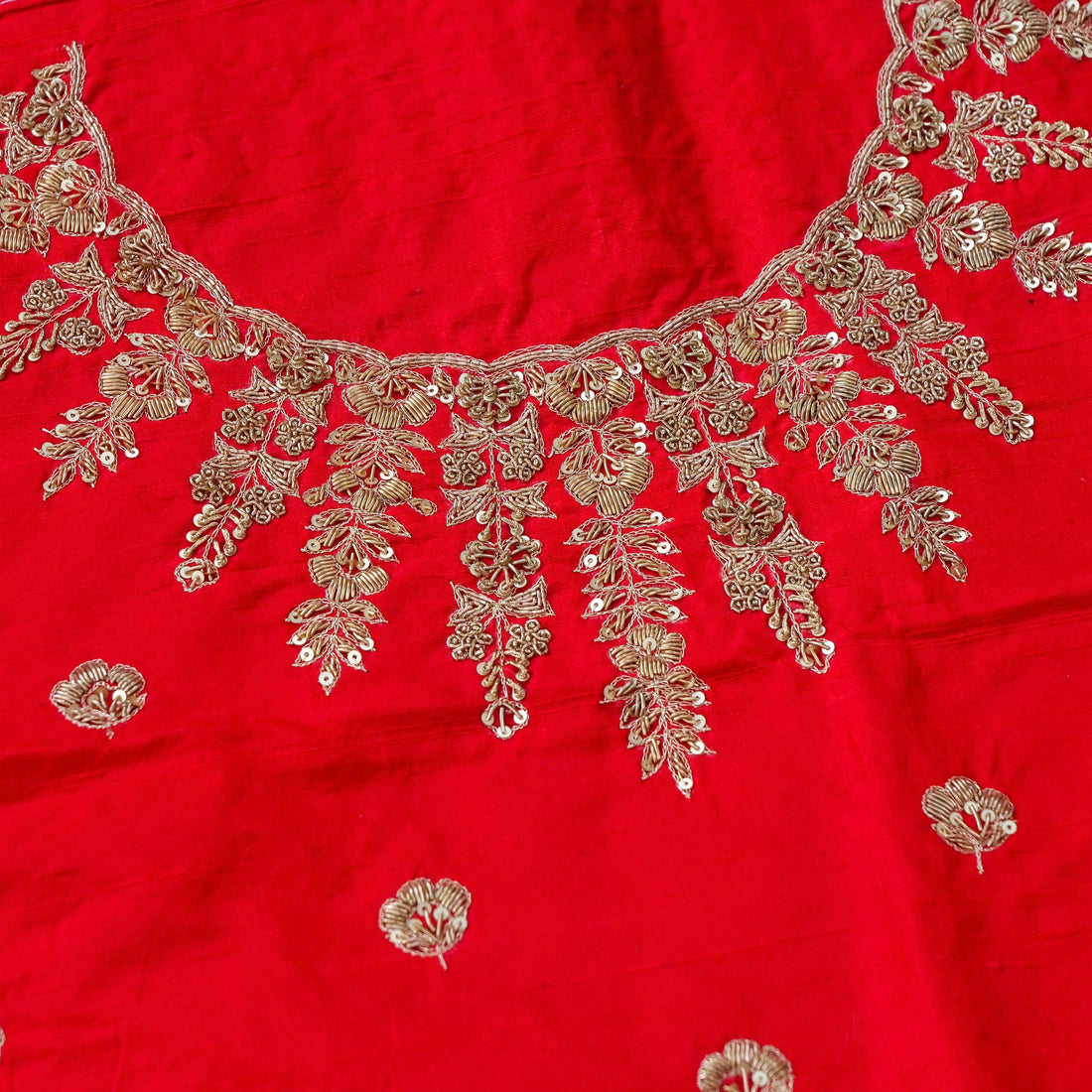 Hand Embroidered Raw Silk Blouse Fabric in Red