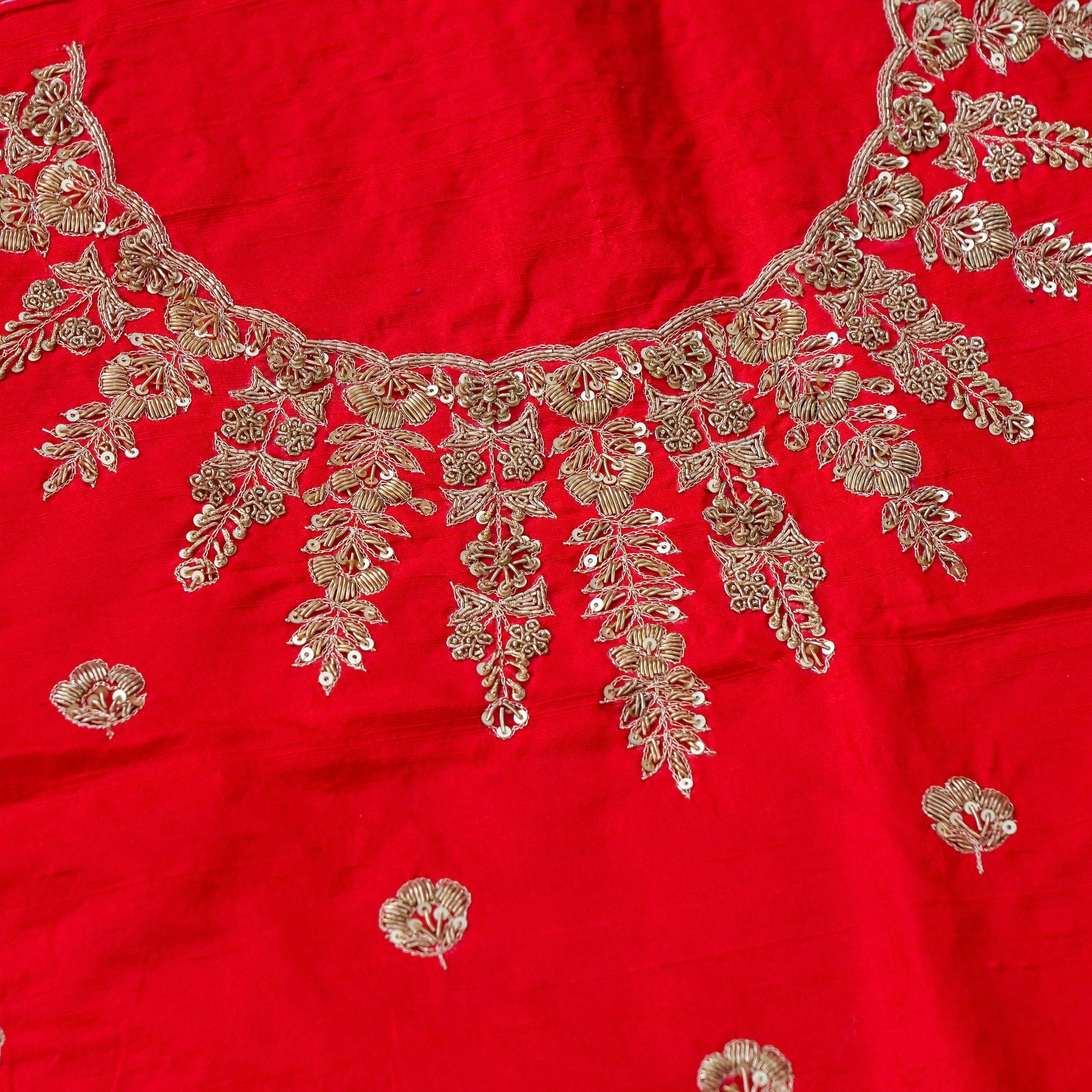 Hand Embroidered Raw Silk Blouse Fabric in Red