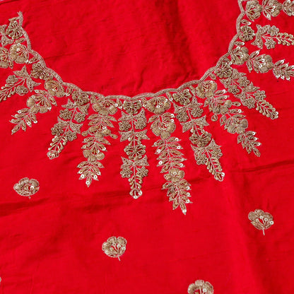 Hand Embroidered Raw Silk Blouse Fabric in Red