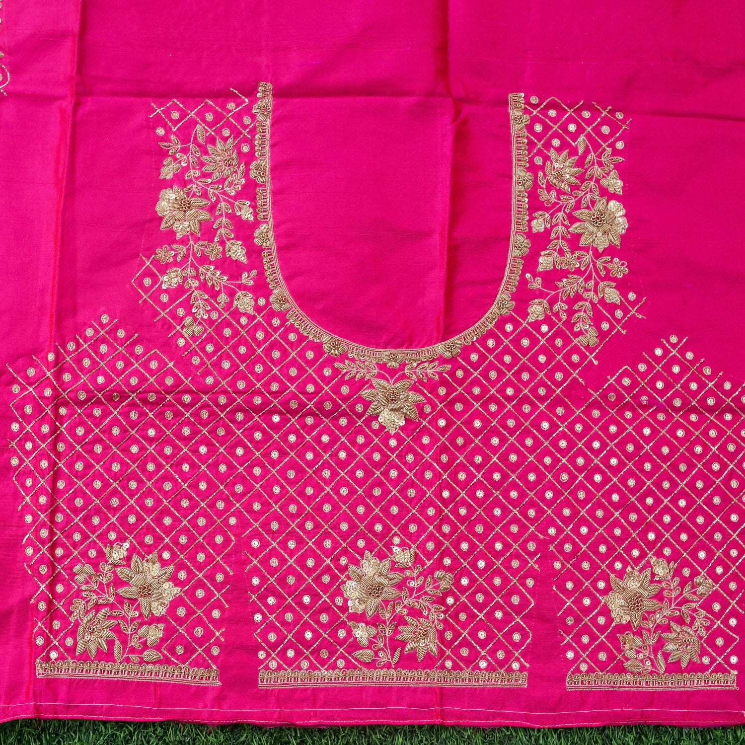 Hand Embroidered Raw Silk Blouse Fabric in Pink