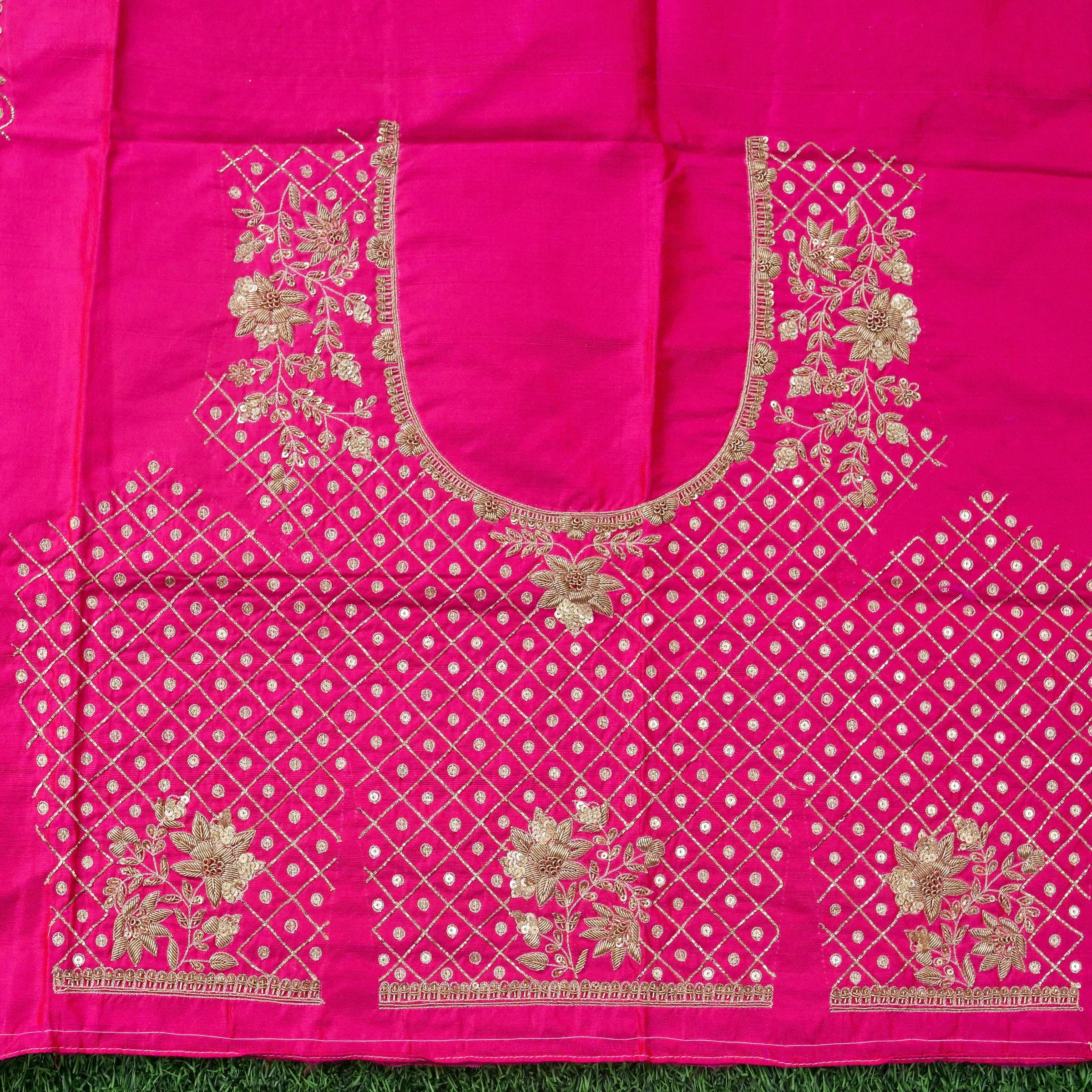 Hand Embroidered Raw Silk Blouse Fabric in Pink